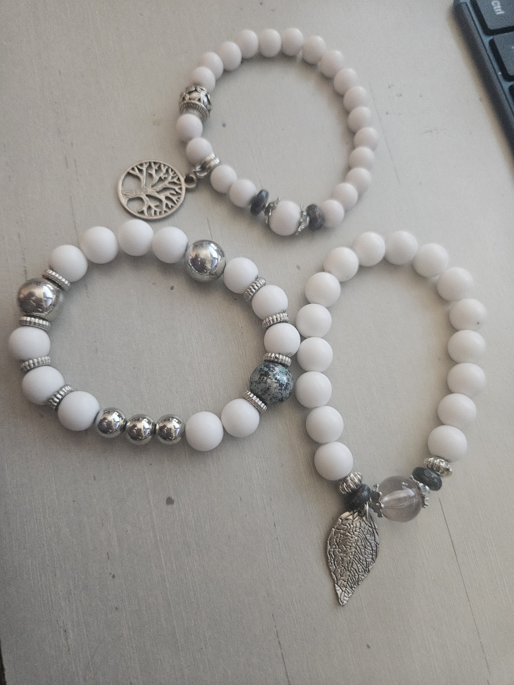 White Beaded Stretch Bracelet Set with Silver Charms